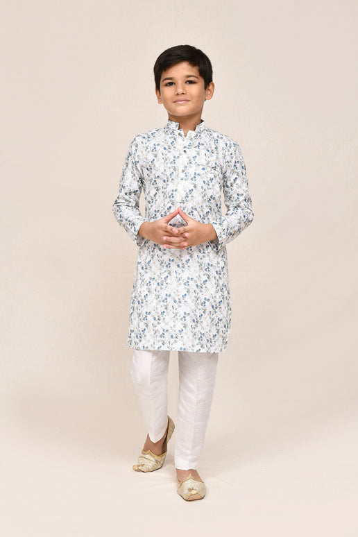 Joban Fashion Printed Cotton White Kurta With Straight Fit Pant
