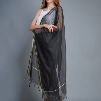 Shehnaai Chanderi Silk Dupatta In Black Colour With A Golden Woven Border