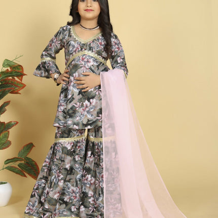 Divine Drape Girls Muslin Grey Printed Straight Kids Kurta Sharara With Dupatta