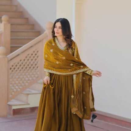 Aastha Fashion Mehandi Fendy Fabric Zari & Sequins Embroidered work Party Wear Designer Gown