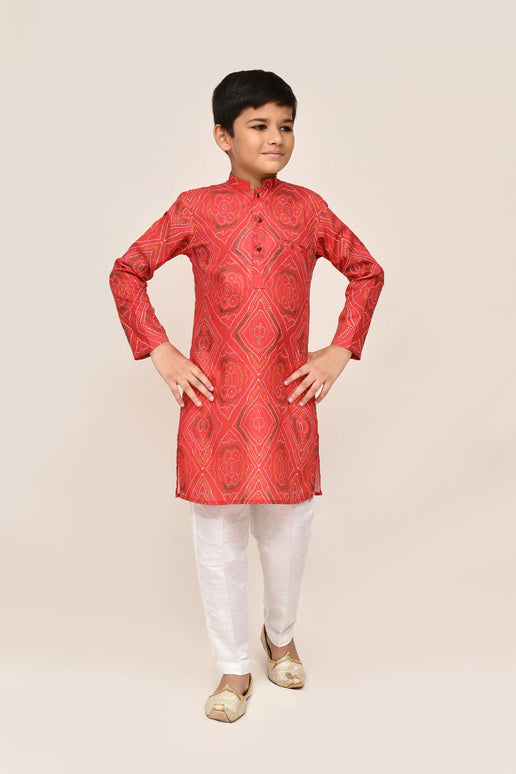 Joban Fashion Cotton Red Kurta With Straight Fit Pant