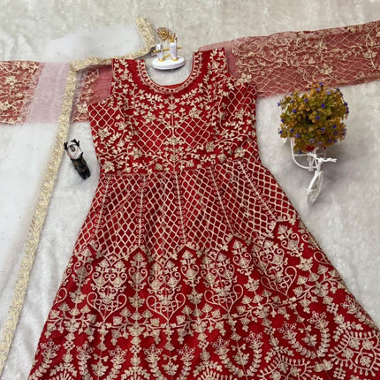 Pramukh Fab Red Color Net Gown