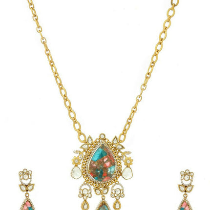 Natural Stones Antique Finish Earrings and Necklace set - Ruby Raang