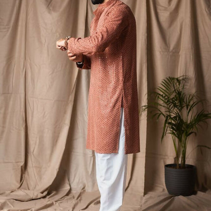 Reddish Orange Rayon Thread Embroidery Work Kurta Set - Mahotsav