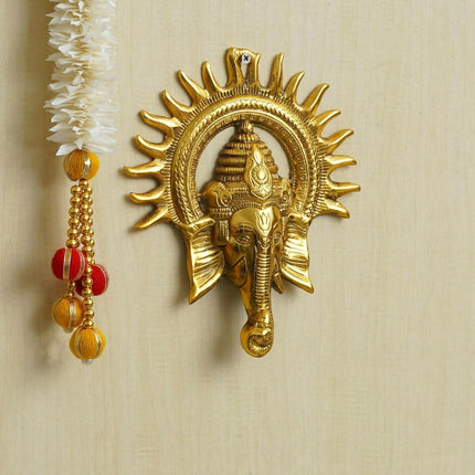 eCraftIndia Golden Lord Ganesha With Sun Decorative Metal Wall Hanging