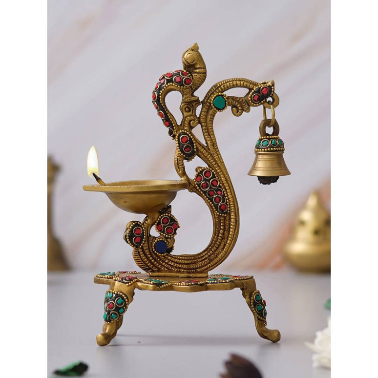 eCraftIndia Gold Toned Peacock Shaped Traditional Brass Diya With Bell & Stand