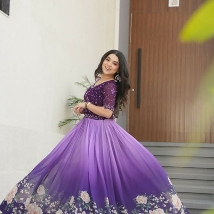 Aastha Fashion Purple Faux Blooming Embroidered work and Rich Floral Pedding Digital Print Party Wear Designer Gown