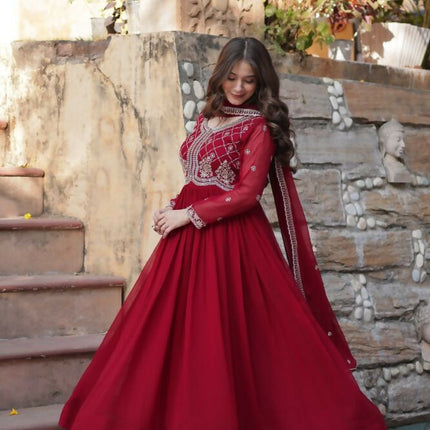 Aastha Fashion Maroon Faux Blooming Sequins-Multi & Beads Embroidered Work Party Wear Designer Gown