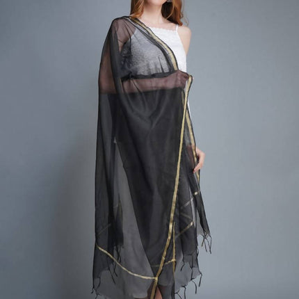 Shehnaai Chanderi Silk Dupatta In Black Colour With A Golden Woven Border