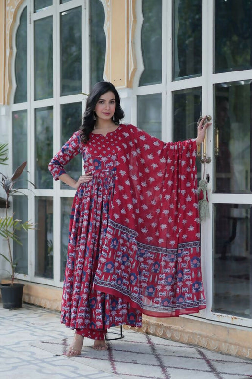 Aastha Fashion Maroon Pure Cotton Printed Party Wear Designer Gown
