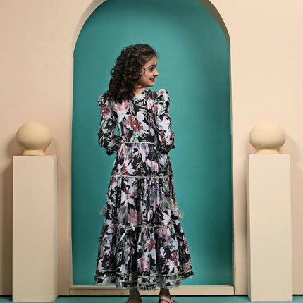 Divine Drape Girls Muslin Black Printed Kids Anarkali Gown