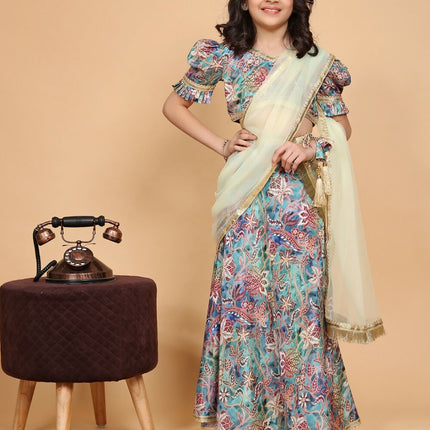 Divine Drape Girls Chinon Multi Printed Kids Lehenga Choli With Dupatta