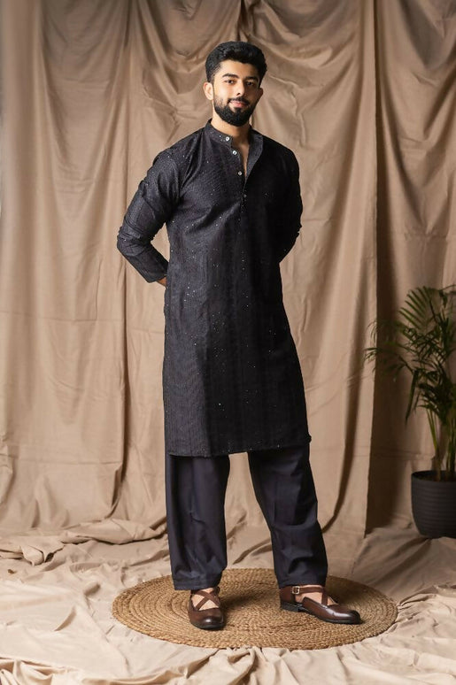 Black Rayon Thread Embroidery Work Kurta Set - Mahotsav