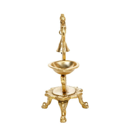 CraftVatika Gold-Toned Brass Handmade Decorative Peacock Design Diya with Bell & Stand