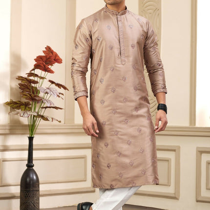 Raivat Ethnic Men's Art Silk Thread Work Kurta Pyjama In Brown Colour