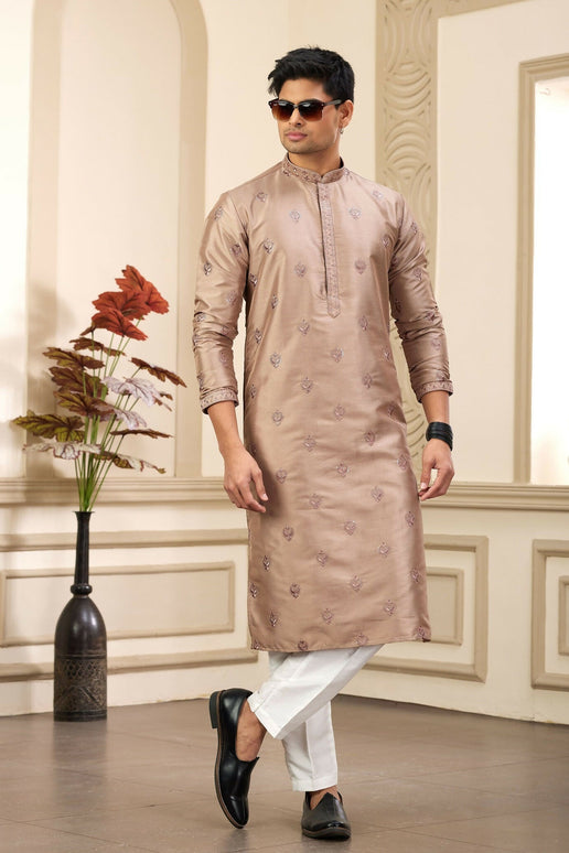 Raivat Ethnic Men's Art Silk Thread Work Kurta Pyjama In Brown Colour
