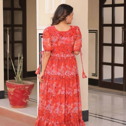 Aastha Fashion Red Faux Georgette Printed Party Wear Designer Gown