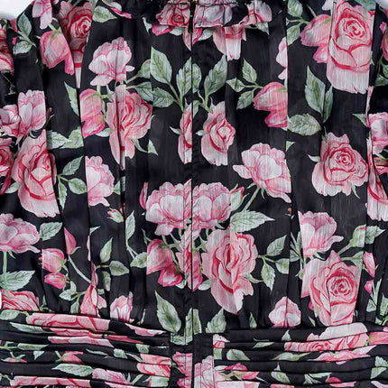 LH Luxury Fashion Runway Rose Long Shirred Dress – Elegant Black Flared Dress for Girls