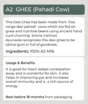 Organic Potli A2 Vedic Ghee Pahadi Cow |  A2 Gir Cow Organic A2 Ghee Vedic Bilona Method Grassfed Cultured Traditional Curd Bilona Ghee, Glass Bottle