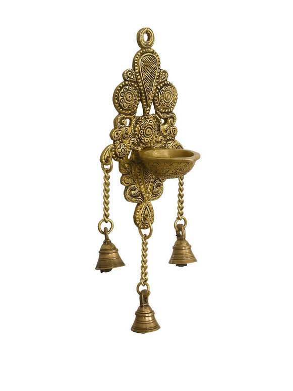 eCraftIndia Gold-Toned Handcrafted Antique Finish Diya with Bells Decorative Wall Hanging Showpiece