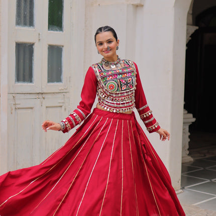 Lorenvalley Fashion Red Roman Silk with Attractive Gota-Patti Lace Lehenga Choli