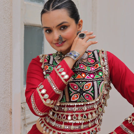 Lorenvalley Fashion Red Roman Silk with Attractive Gota-Patti Lace Lehenga Choli