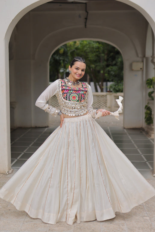 Lorenvalley Fashion White Roman Silk with Attractive Gota-Patti Lace Lehenga Choli