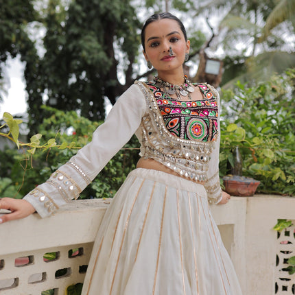 Lorenvalley Fashion White Roman Silk with Attractive Gota-Patti Lace Lehenga Choli