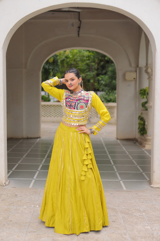 Lorenvalley Fashion Yellow Roman Silk with Attractive Gota-Patti Lace Lehenga Choli