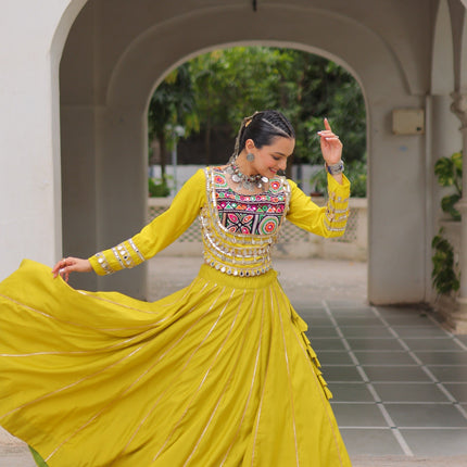 Lorenvalley Fashion Yellow Roman Silk with Attractive Gota-Patti Lace Lehenga Choli