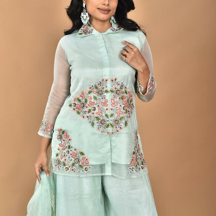 Morchari Women And Hand Embroidery Palazzo Set-Sea Green