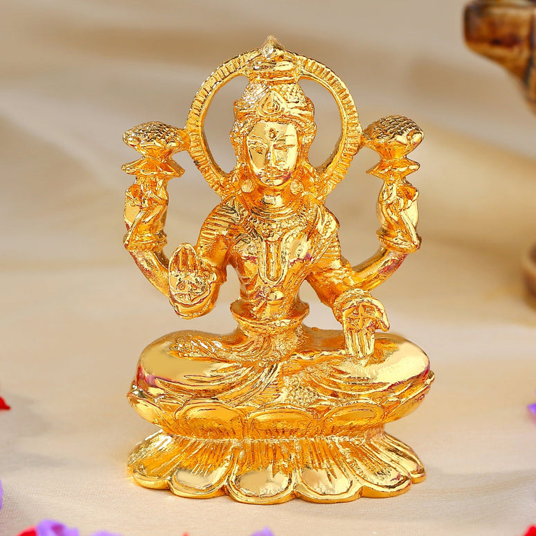 Estele Gold-Polished Goddess of Wealth Maha Laxmi Devi Idol/Deity| Showpiece for Pooja Mandir/Car decor