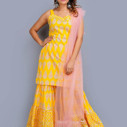Shehnai Yellow Printed Strap Short Kurta With Sharara Set And Net Dupatta
