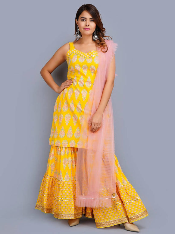 Shehnai Yellow Printed Strap Short Kurta With Sharara Set And Net Dupatta