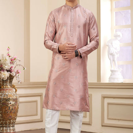 Raivat Ethnic Men's Art Silk Thread Work Kurta Pyjama In Cream Beige Colour