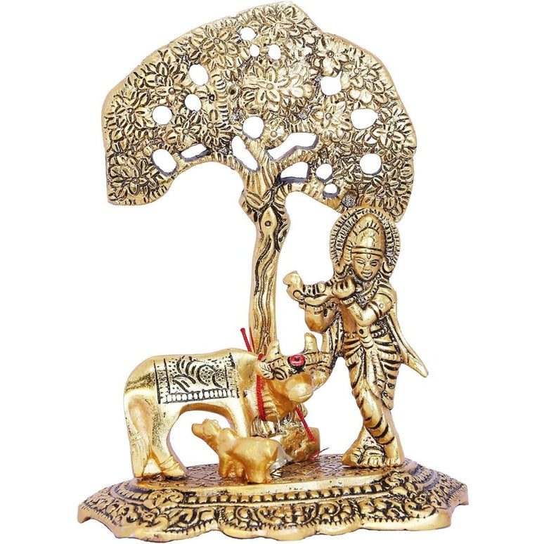Chhariya Crafts Metal Krishna With Kamdhenu Cow