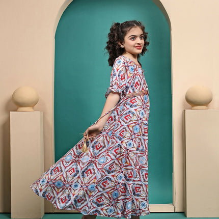 Divine Drape Girls Muslin MultiColour Printed Kids Anarkali Gown