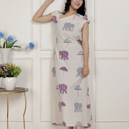 Miravan Womens Off-White Animal Printed Asymmetric Neck A-Line Maxi Dress