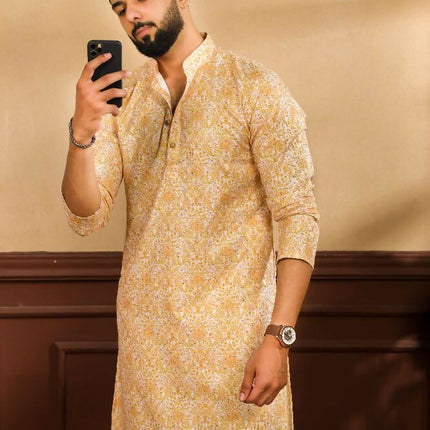 Mustard Art Silk Digital Printed, Embroidery Work Kurta Set - Mahotsav