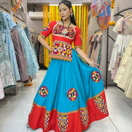 Aastha Fashion Rama Roman Silk Real Mirror Gamthi Work Patch + Readymade Lace Semi Stitched Wedding Wear Lehenga Choli