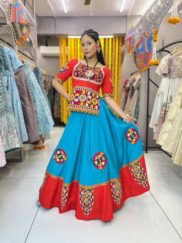 Aastha Fashion Rama Roman Silk Real Mirror Gamthi Work Patch + Readymade Lace Semi Stitched Wedding Wear Lehenga Choli