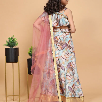 Divine Drape Girls Chinon Sky Blue Printed Kids Lehenga Choli With Dupatta