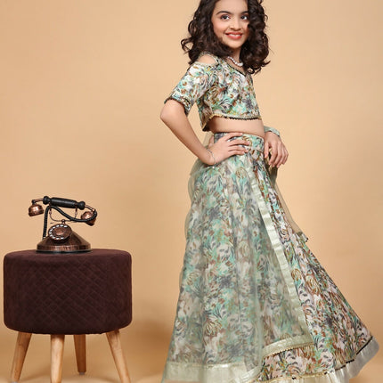 Divine Drape Girls Chinon Green Printed Kids Lehenga Choli With Dupatta