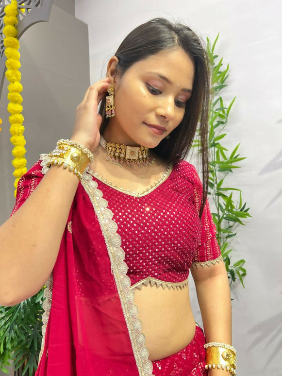 Aastha Fashion Rani Pink Heavy Georgette Heavy Embroidery+ Sequence +Ready Lace Semi Stitched Wedding Wear Lehenga Choli