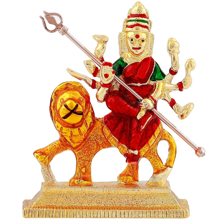 Estele Gold-Polished Sherawali Durga Ma Idol with multi-color Stone Type:Enamel for Pooja & Car decor