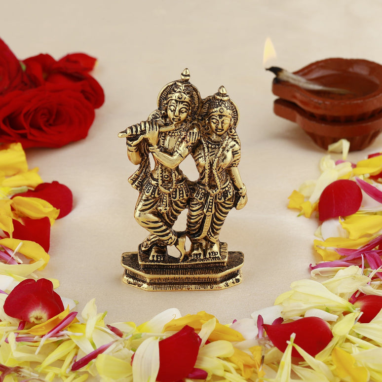 Estele Gold-Polished Devotional Shree Radha Krishna Idol for Home/Car Decor