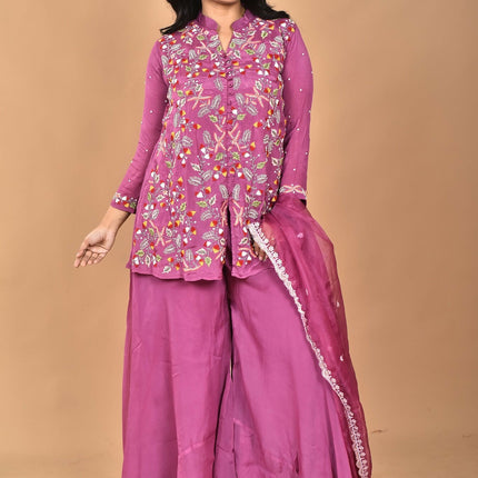 Morchari Women And Hand Embroidery Palazzo Set-Purple