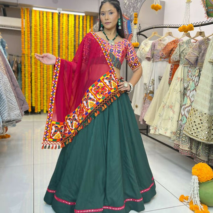 Aastha Fashion Green Reyon Readymade Mirror Lace Semi Stitched Wedding Wear Lehenga Choli