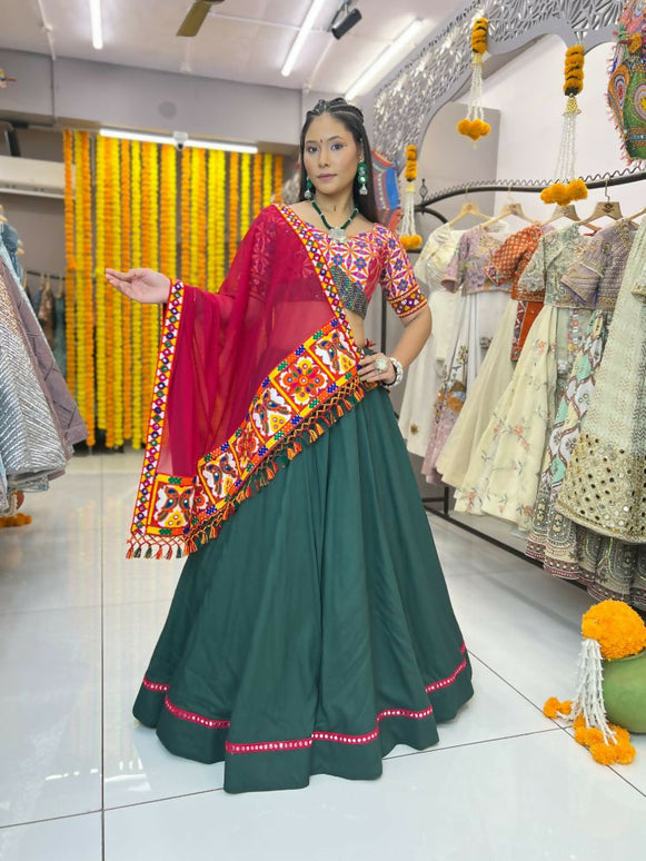 Aastha Fashion Green Reyon Readymade Mirror Lace Semi Stitched Wedding Wear Lehenga Choli