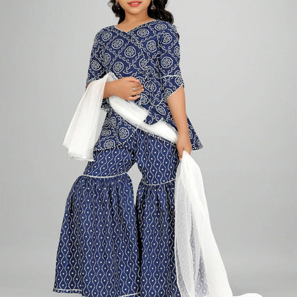 Divine Drape Girls Rayon Blue Printed Straight Kids Kurta Sharara With Dupatta